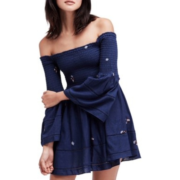 Free People Dresses & Skirts - NWT Free People "Counting Daisies" Embroidered Off-Shoulder Dress Navy Small